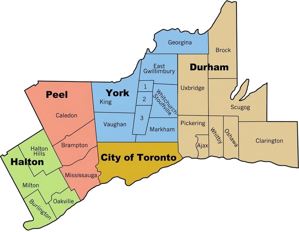 Map of Seva's Services window cleaning service area across North York and the Greater Toronto Area
