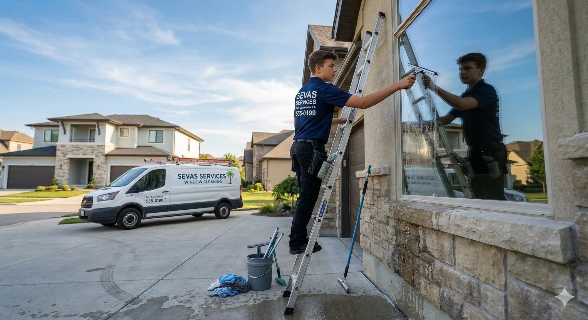 Sevastian cleaning windows at a residential property